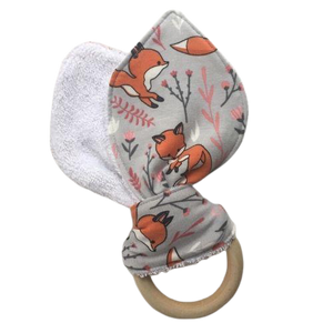 Baby Wooden Teething Ring with Cutie Foxy Organic Cotton Print and Bamboo Towelling. UK Handmade. - Bamboezor London