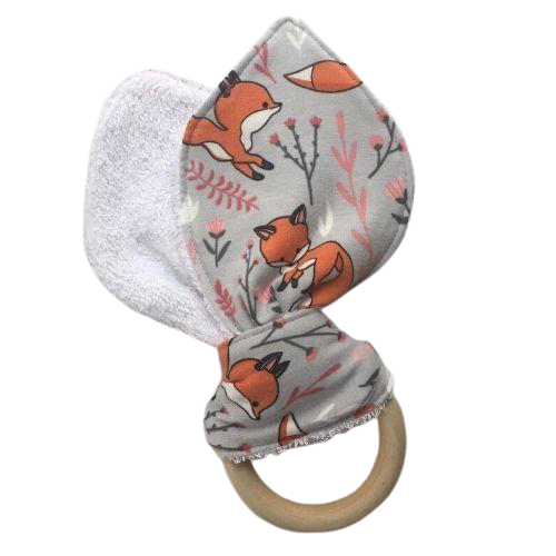 Baby Wooden Teething Ring with Cutie Foxy Organic Cotton Print and Bamboo Towelling. UK Handmade. - Bamboezor London