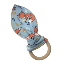 Load image into Gallery viewer, Baby Wooden Teething Ring with Cutie Foxy Organic Cotton Print and Bamboo Towelling. UK Handmade. - Bamboezor London
